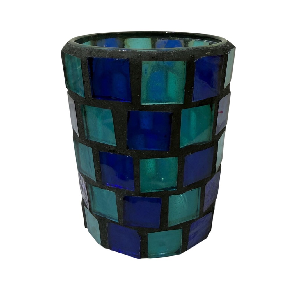 Libbey Crisa Blue Turquoise Mosaic Glass Candle Holder Vase Boho Coastal Decor